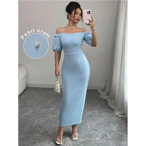 Variété Boutique Dresses & Skirts - Spaghetti Strap Short Sleeve Beaded Pearl Ruched Waist Elegant Blue